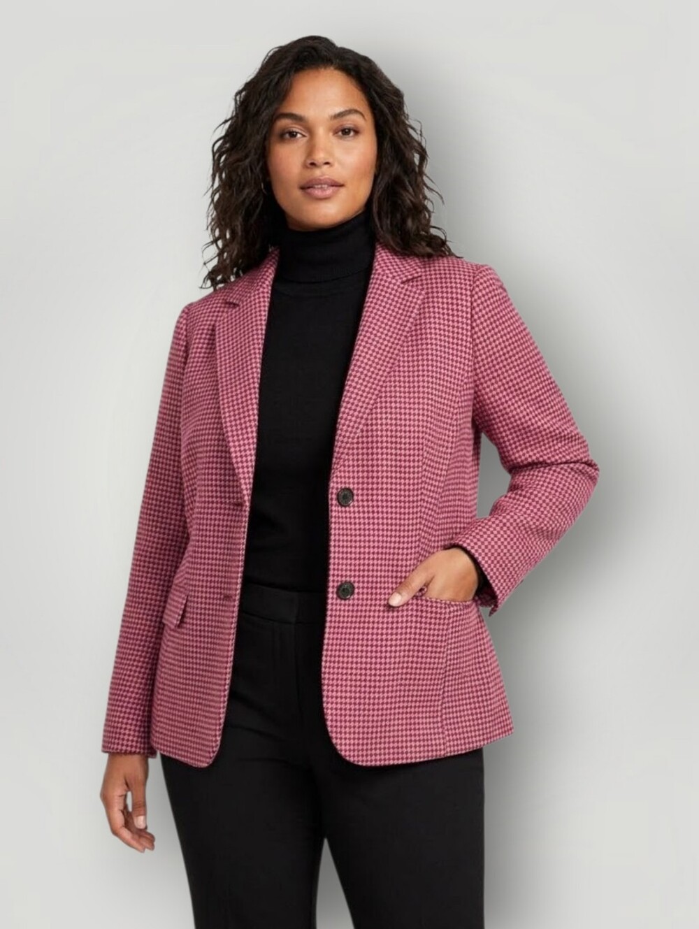Talbots Pink Houndstooth Tweed Blazer Equestrian Lining Wool Blend Women's 12